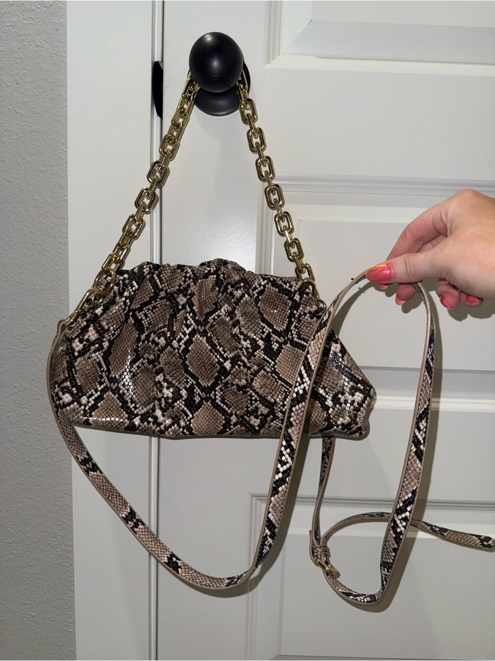 Snakeskin-Print Clutch with Gold Chain in Brown